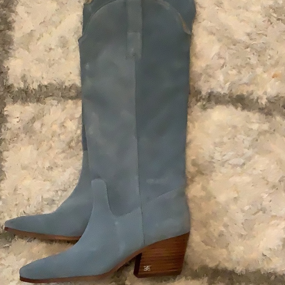 NEW•SAM EDELMAN• Blue Suede Leather Britten Western Knee-High Boot Size 7.5